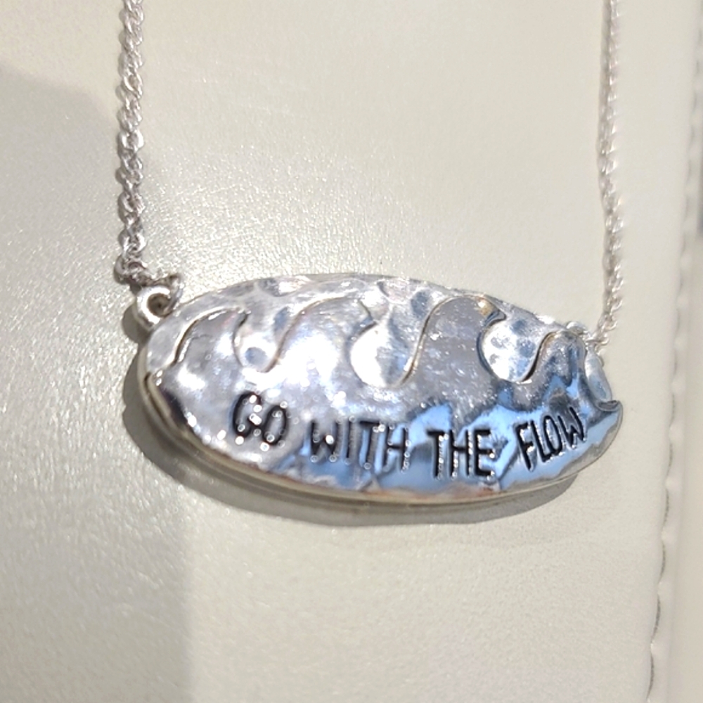 Silver wave, beachy or surfer pendant w chain. "Go With The Flow" of waves NWT. - Picture 5 of 7